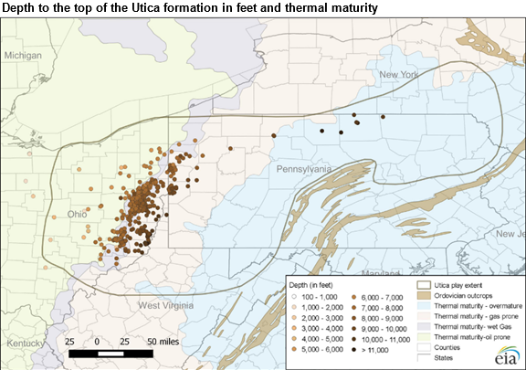 map of Depth to the top of the Utica formation in feet and thermal maturity, as described in the article text