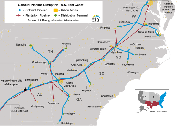 map of Colonial pipeline disruption, as explained in the article text