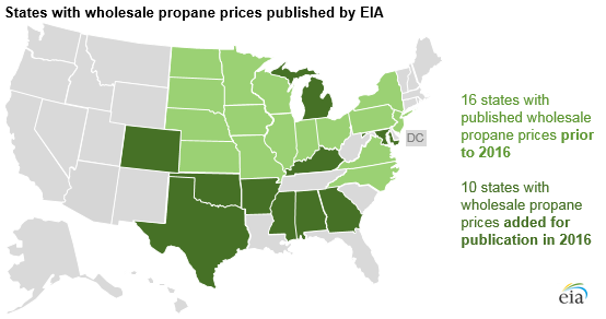 map of states with wholesale propane prices published by EIA, as explained in the article text