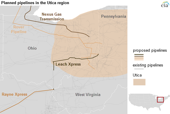 map of planned pipelines in the Utica region, as explained in the article text
