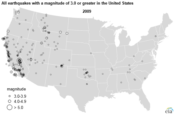 map of all earthquakes with a magnitude of 3.0 or greater in the United States , as described in the article text