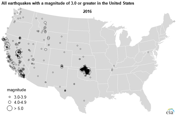 map of all earthquakes with a magnitude of 3.0 or greater in the United States , as described in the article text