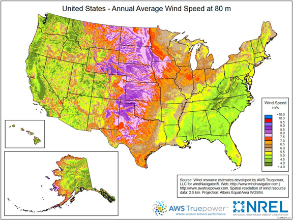 Map of average annual wind speed at 80 meters, as described in the article text