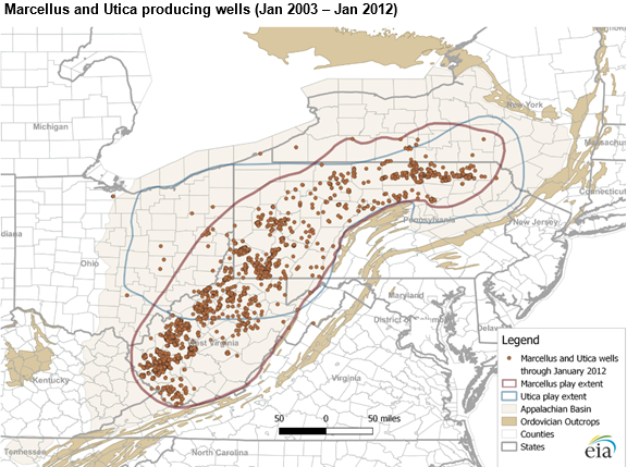 Map of wells in the Marcellus and Utica regions, as of January 2012, as described in the article text