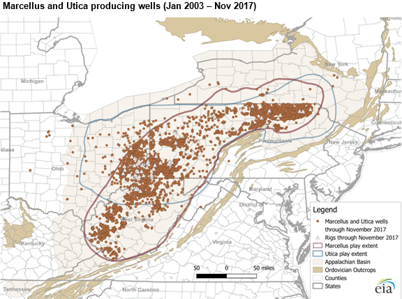 Map of wells in the Marcellus and Utica regions, as of November 2017, as described in the article text