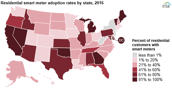 map of residential smart meter adoption rates by state, as explained in the article text
