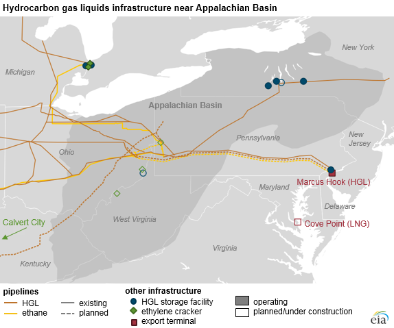 map of petrochemical crackers and related hydrocarbon gas liquids facilities, as explained in the article text