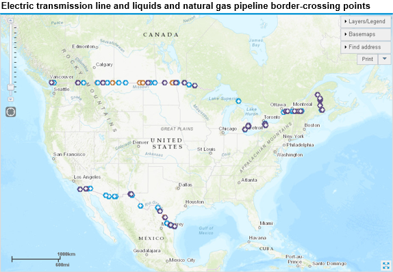 Graph of electric transmission line and liquids and natural gas pipeline border-crossing points, as described in the article text