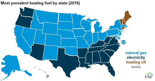 most prevalent heating fuel by state